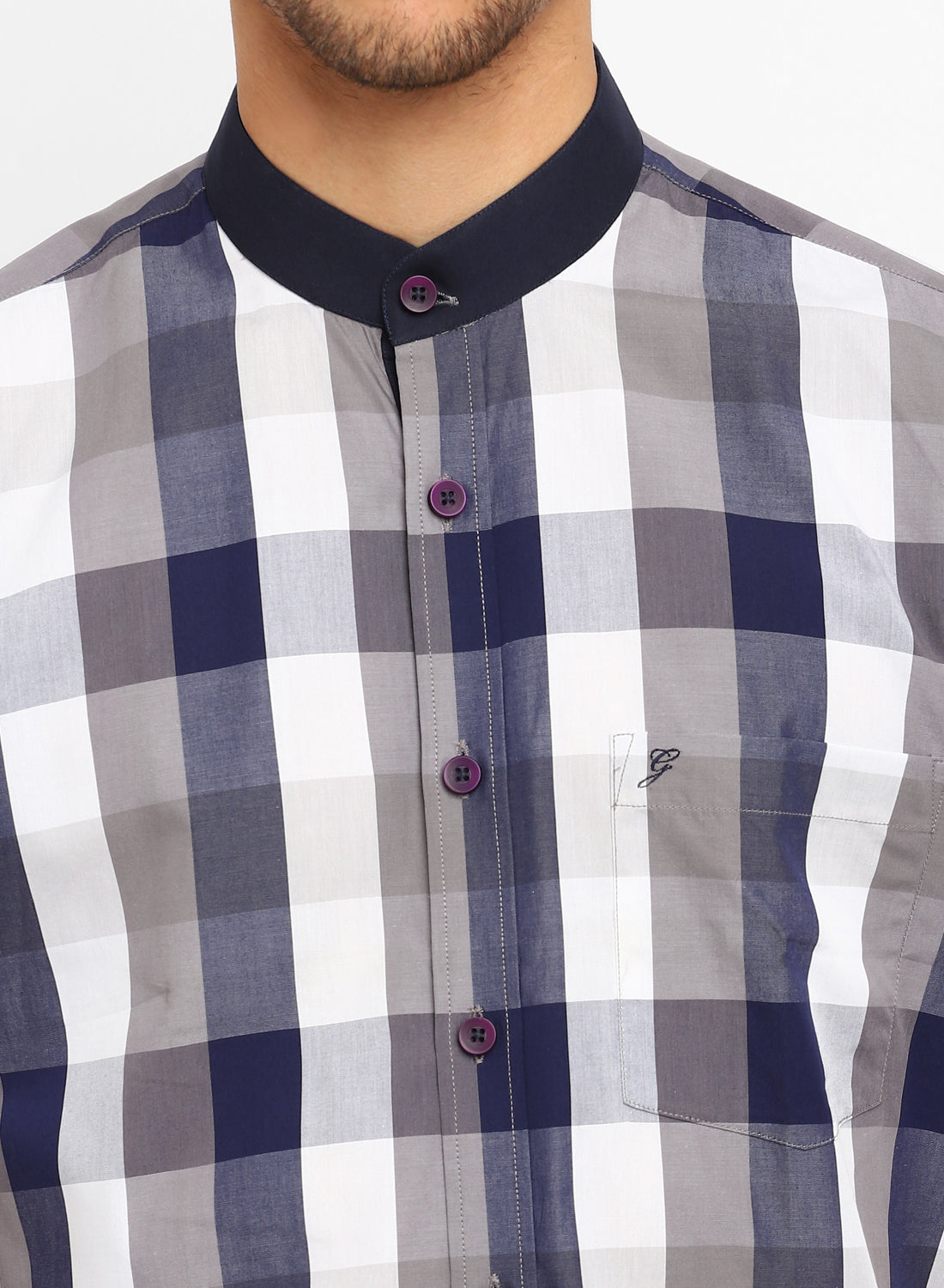 Blue Check Cotton Band Collar Half Sleeve Shirt