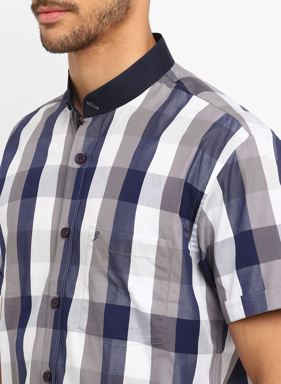 Blue Check Cotton Band Collar Half Sleeve Shirt