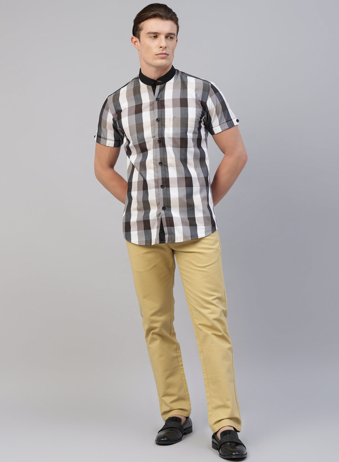 Grey Check Band Collar Half Sleeve Shirt Grey Check Band Collar Half Sleeve Shirt