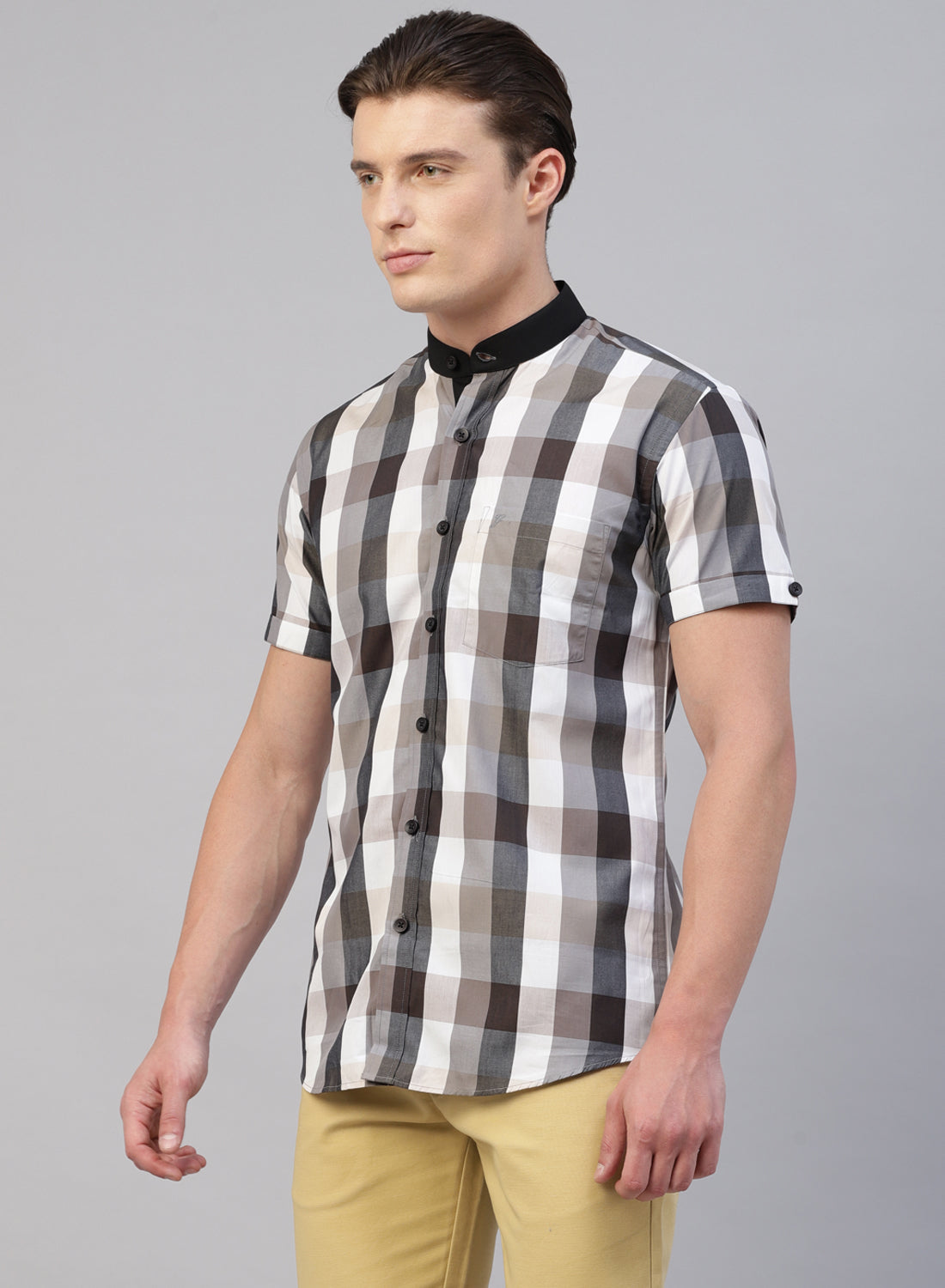 Grey Check Band Collar Half Sleeve Shirt Grey Check Band Collar Half Sleeve Shirt