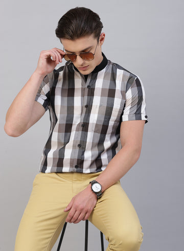 Grey Check Band Collar Half Sleeve Shirt