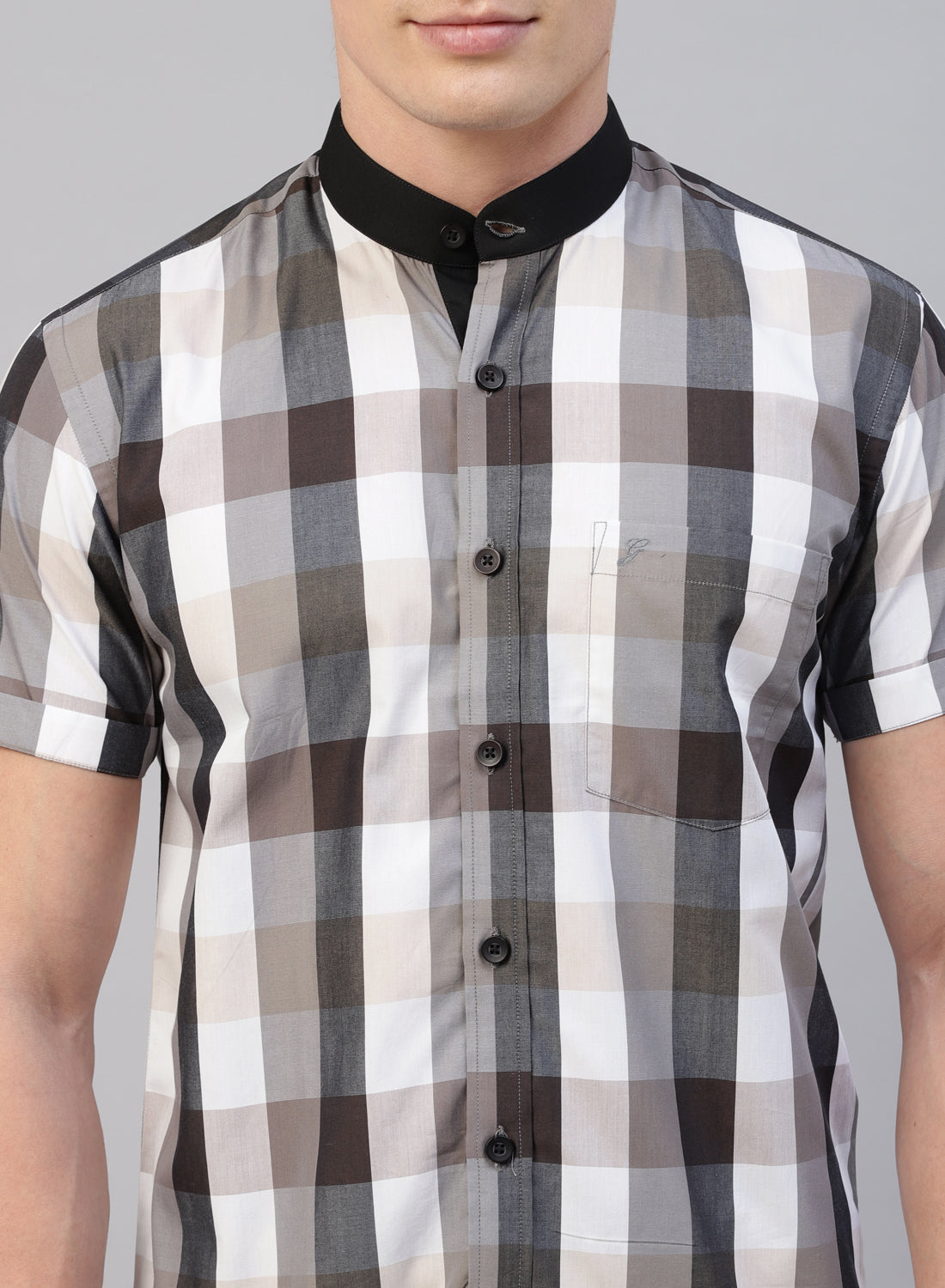 ＜6(ROKU)＞CHECK BAND COLLAR SHIRT Grey Check Band Collar Half Sleeve Shirt