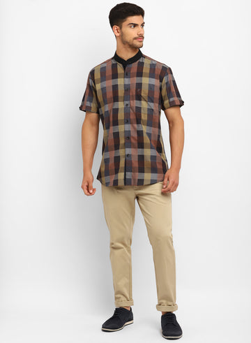 Brown Cotton Check Casual Shirt