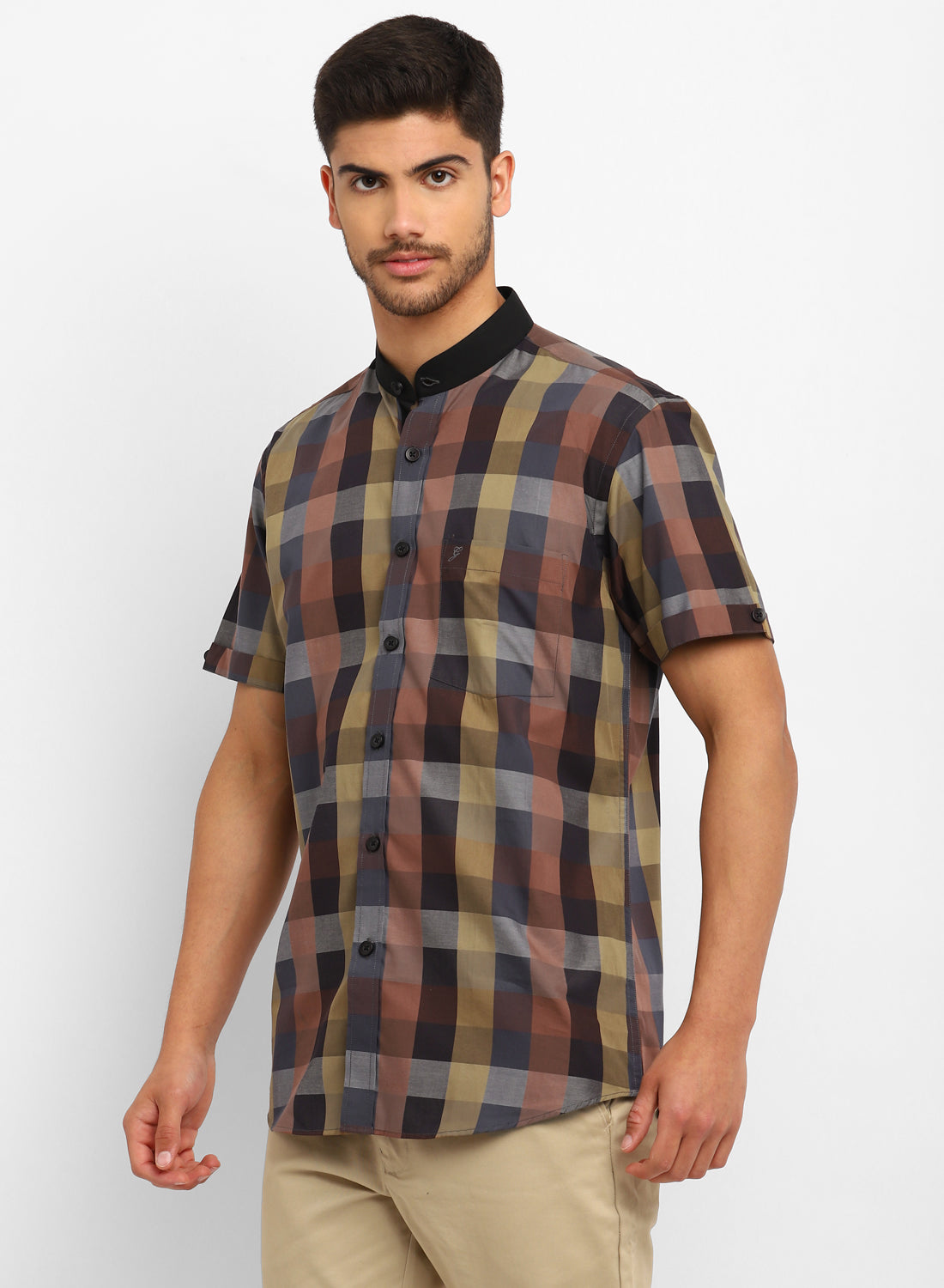 Brown Cotton Check Casual Shirt