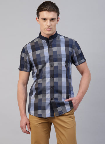 Blue Check Band Collar Half Sleeve Shirt