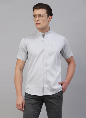 Grey Cotton Band Collar Half Sleeve Shirt