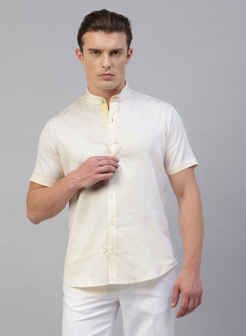 Yellow Cotton Band Collar Half Sleeve Shirt