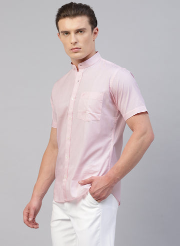 Pink Stripe Band Collar Half Sleeve Shirt