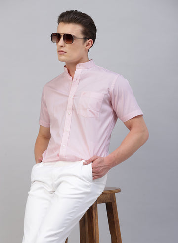 Pink Stripe Band Collar Half Sleeve Shirt