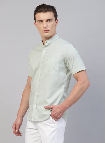 Green Stripe Band Collar Half Sleeve Shirt