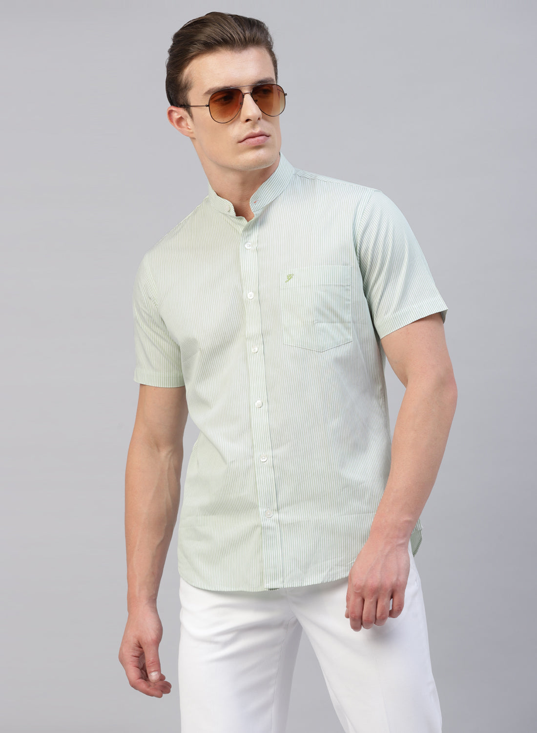 Green Stripe Band Collar Half Sleeve Shirt