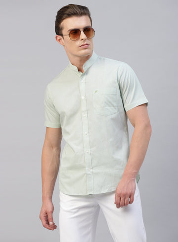Green Stripe Band Collar Half Sleeve Shirt