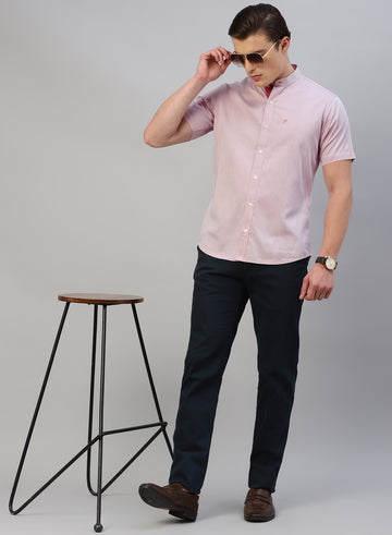 Pink Cotton Band Collar Half Sleeve Shirt