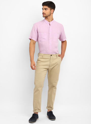 Pink Linen Band Collar Half Sleeve Shirt