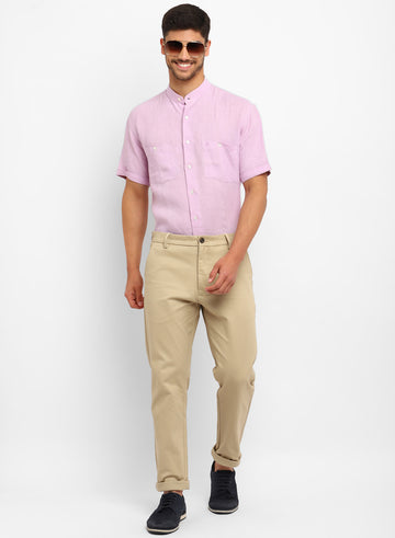 Pink Linen Band Collar Half Sleeve Shirt