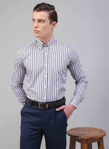 White & Blue Cotton Button Down Stripe Formal Shirt