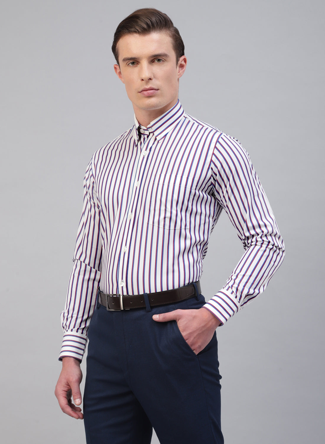 White & Maroon Cotton Button Down Stripe Formal Shirt