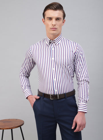 White & Maroon 100% Cotton Stripe Formal Shirt