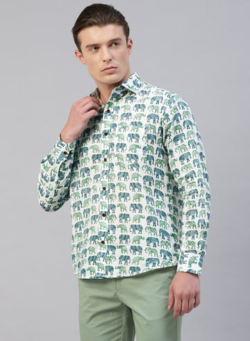 Cream & Green Indian Prints Cotton Full Sleeve Shirt