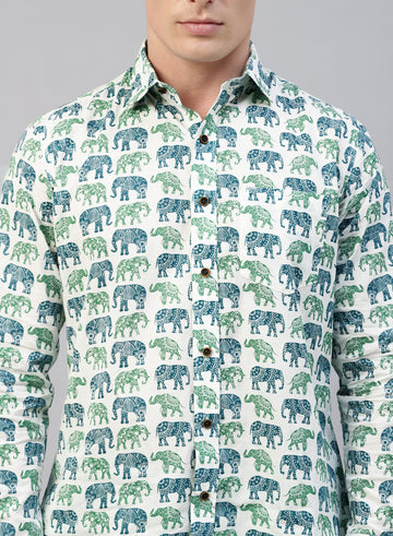 Cream & Green Indian Prints Cotton Full Sleeve Shirt