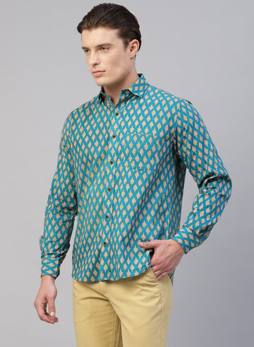 Teal Blue Indian Prints Cotton Full Sleeve Shirt