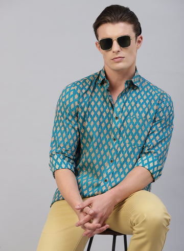 Teal Blue Indian Prints Cotton Full Sleeve Shirt