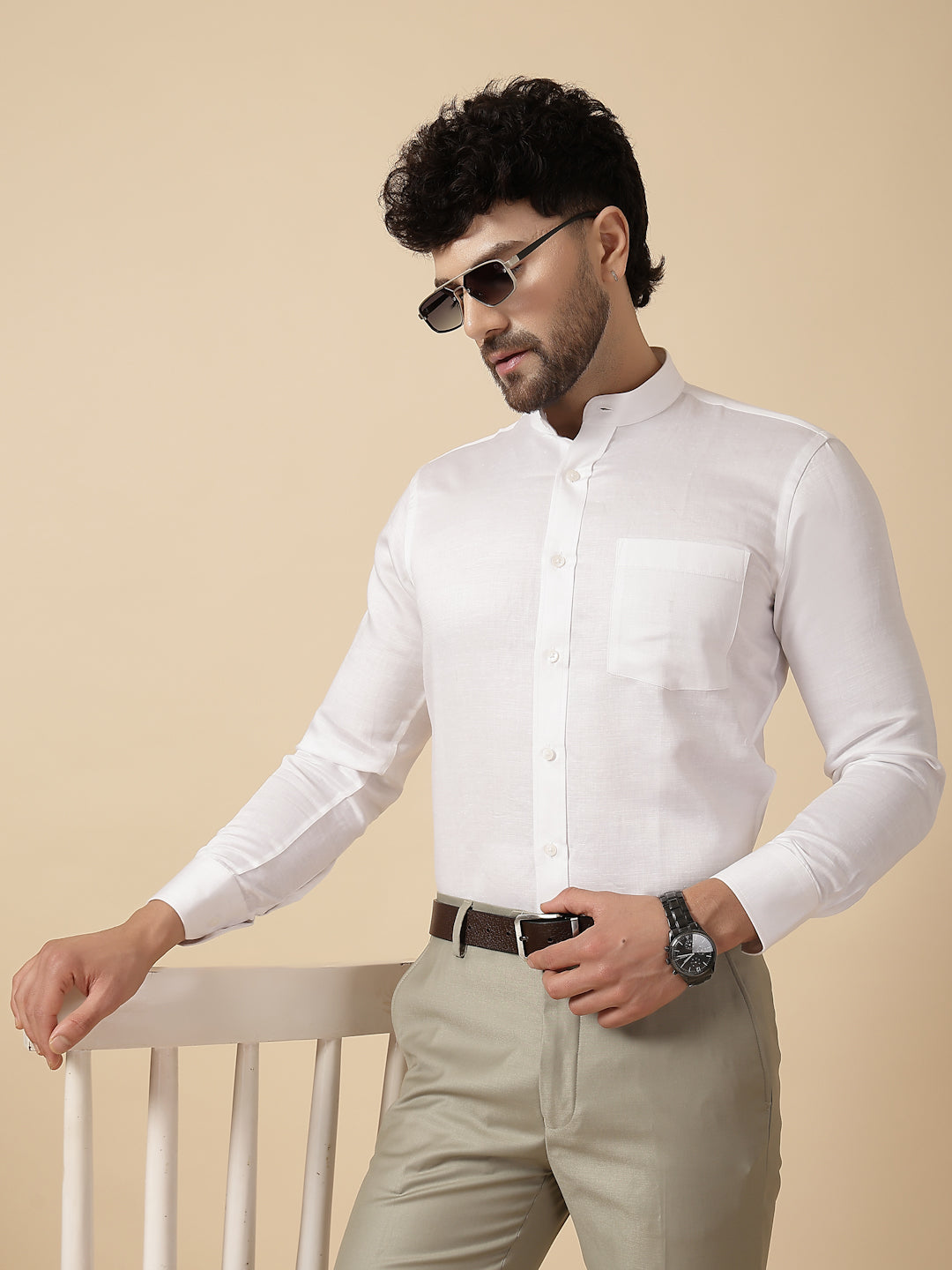 White Linen Silk Band Collar Shirt