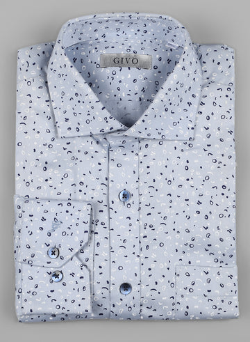 Bluish Grey Cotton Printed Casual Shirt