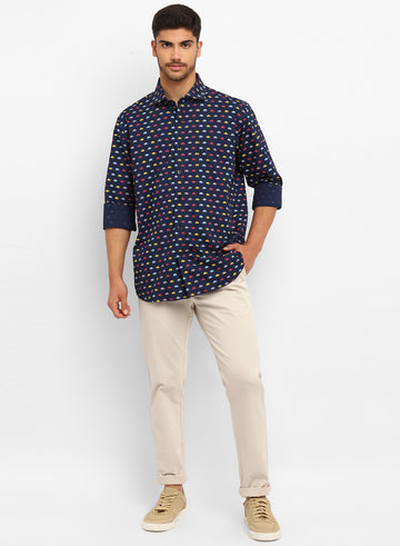 Navy Blue Cotton Printed Full Sleeve Shirt