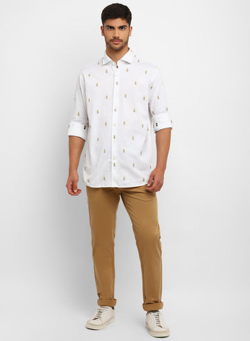 White Cotton Cartoon Printed Full Sleeve Shirt