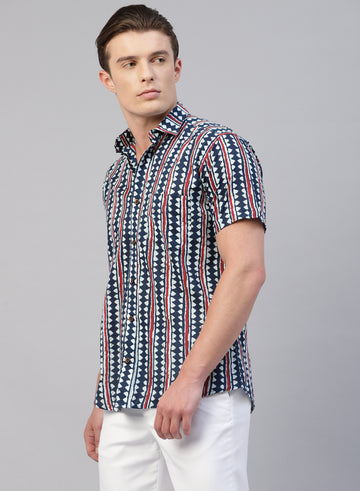 Blue 100% Cotton Printed Casual Shirts