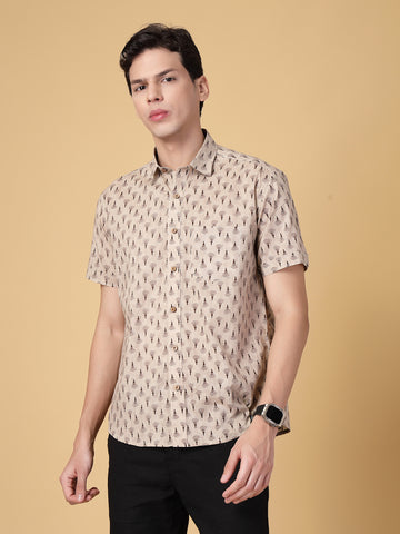 Beige 100% Cotton Printed Shirt