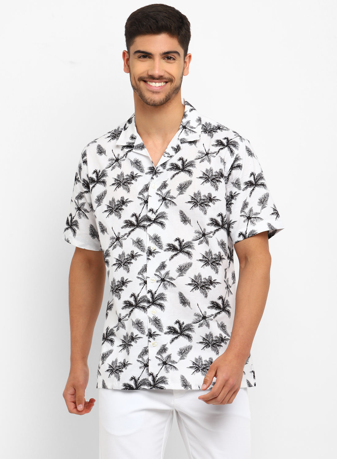 White & Black Cotton Printed Half Sleeve Shirt