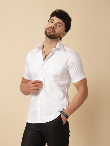 White Cotton Lycra Half Sleeve Shirt