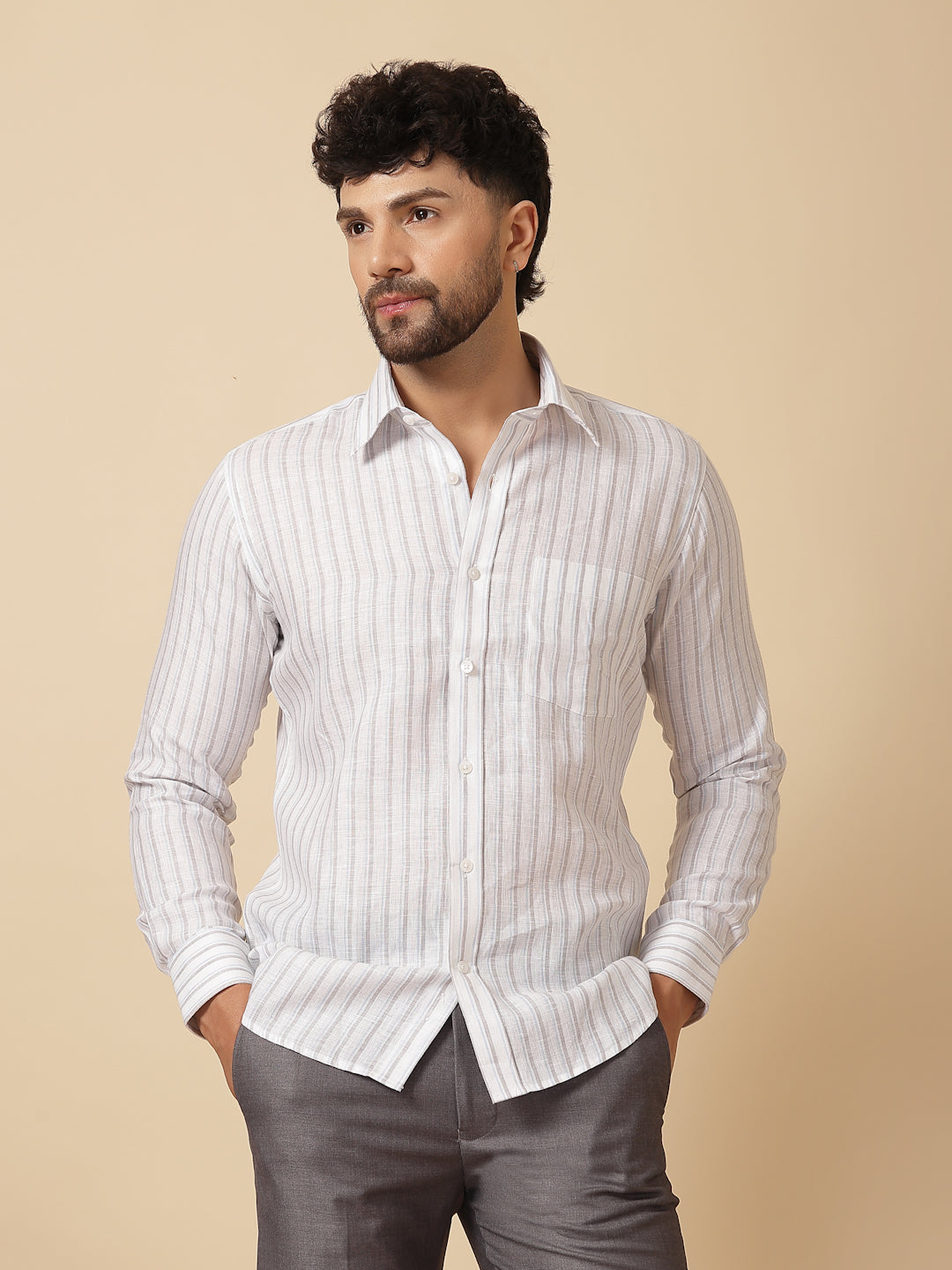 White 100% Linen Stripe Shirt