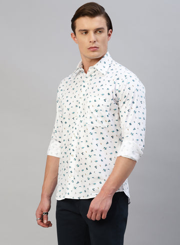 White Cotton Printed Full Sleeve Shirt