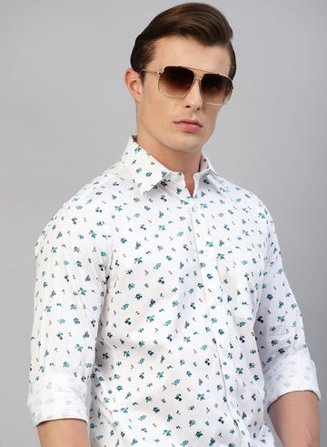 White Cotton Printed Full Sleeve Shirt