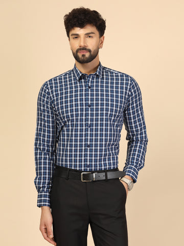 Navy Blue Cotton Check Shirt