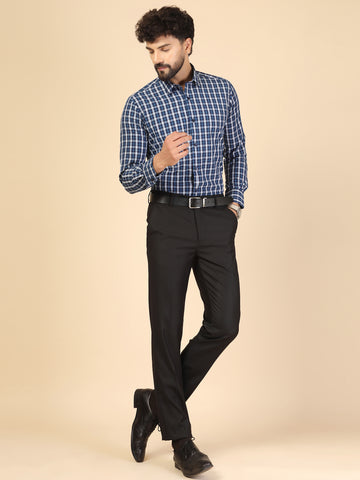 Navy Blue Cotton Check Shirt