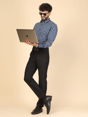 Navy Blue Cotton Check Shirt