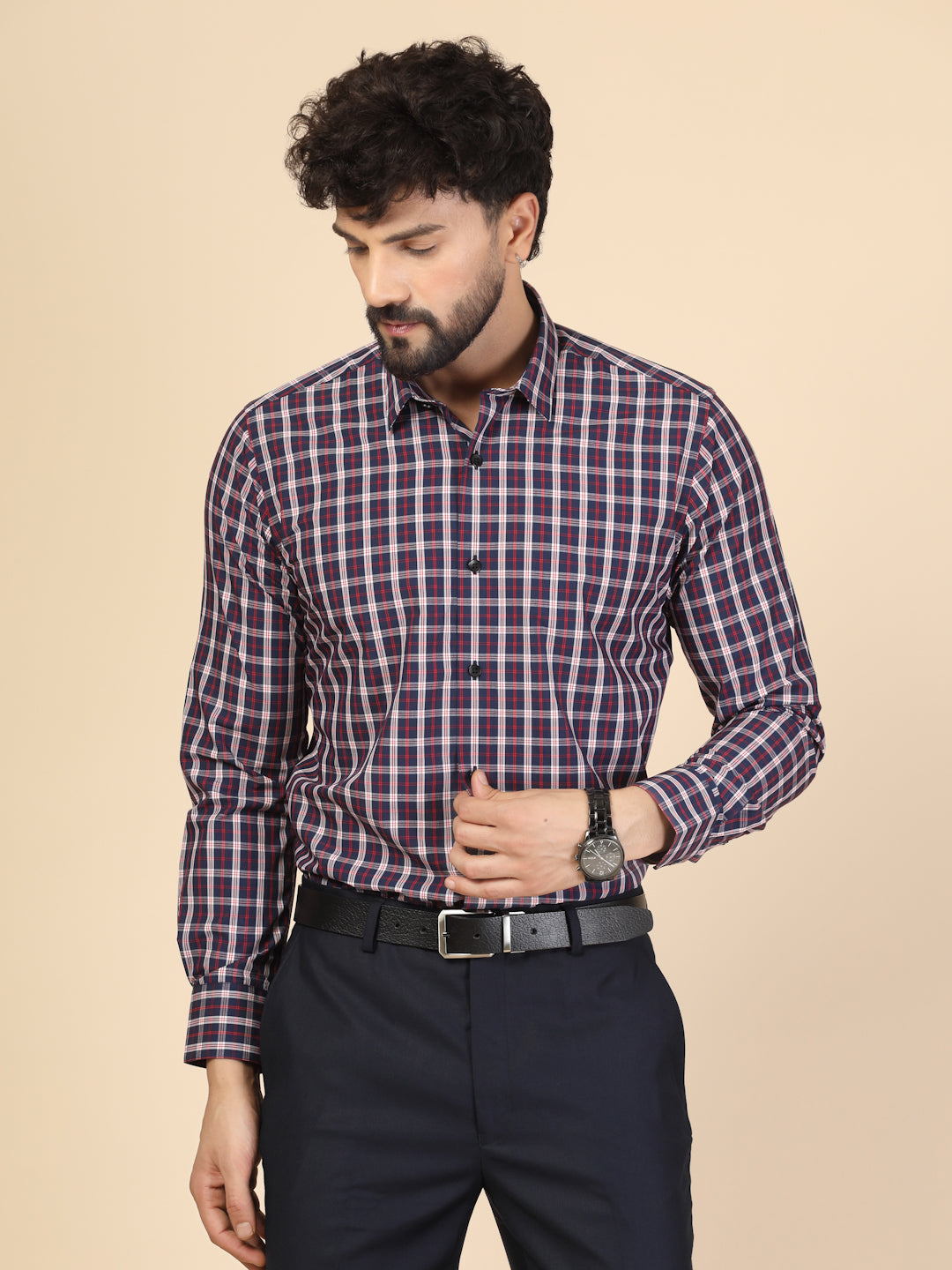 Navy Blue Cotton Check Shirt