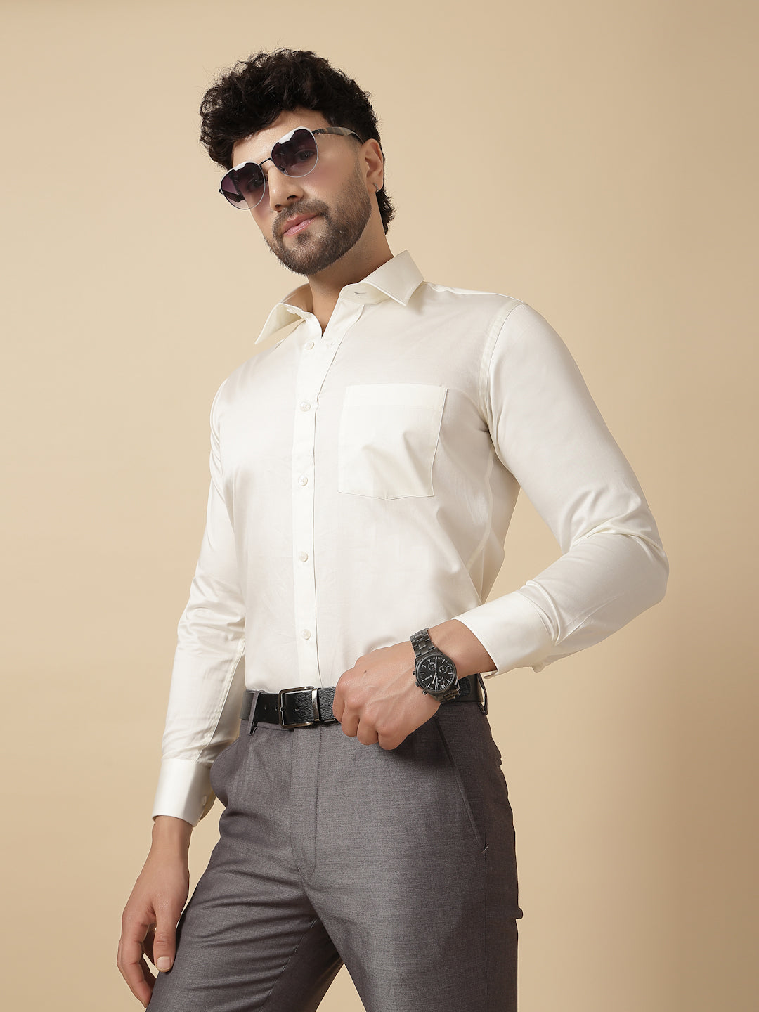 Cream Cotton Satin Formal Shirt