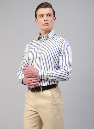 White, Blue & Beige Cotton Stripe Formal Shirt