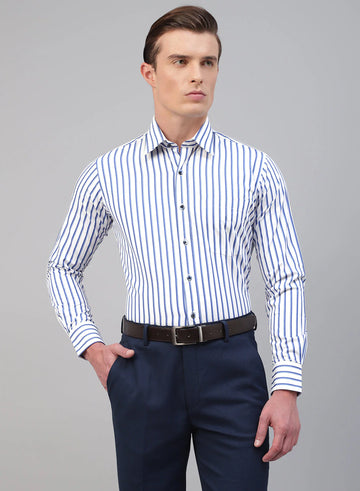 White & Navy Blue Cotton Stripe Formal Shirt