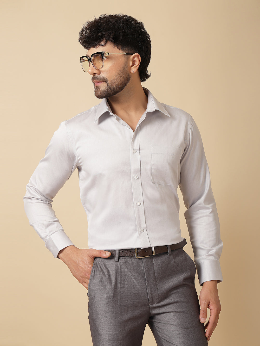 Light Grey Cotton Tensil Structured Shirt