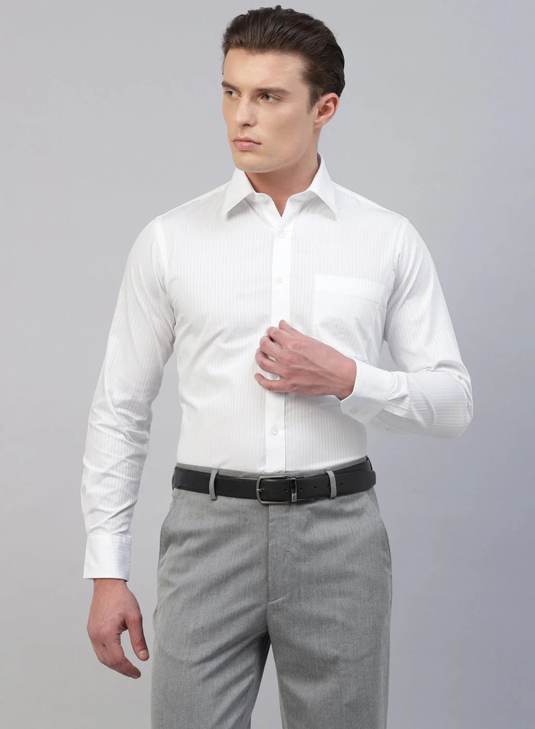 White Cotton Self Stripe Full Sleeve Shirt