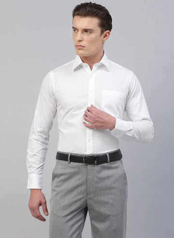 White Cotton Self Stripe Full Sleeve Shirt