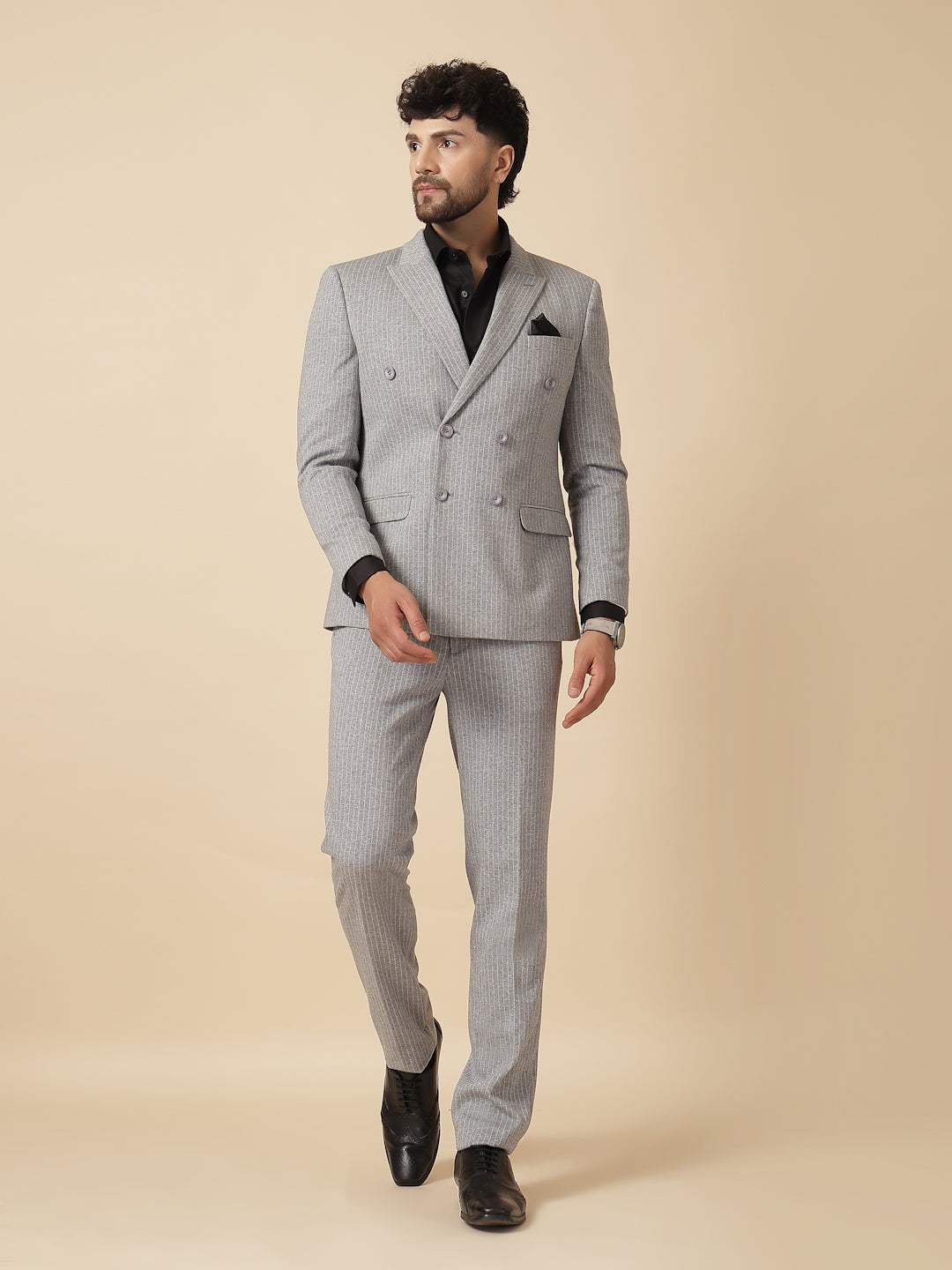 Grey Uncrushable Stripe Double Breasted Suit