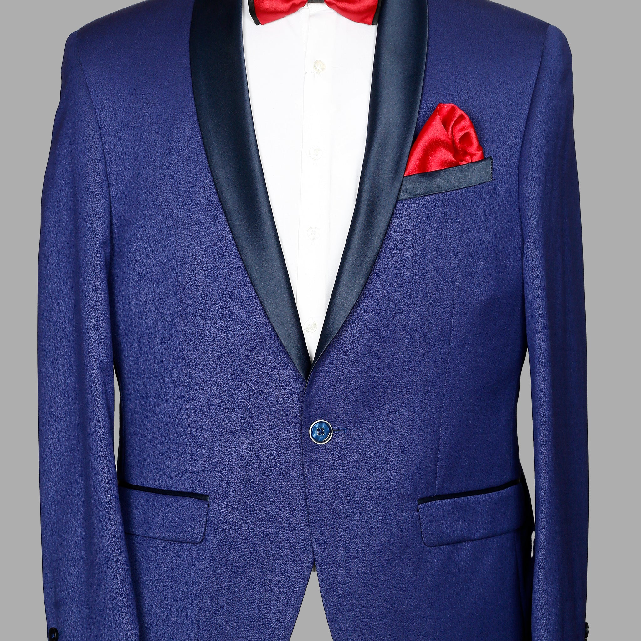 Blue Solid Designer Shawl Collar Suit