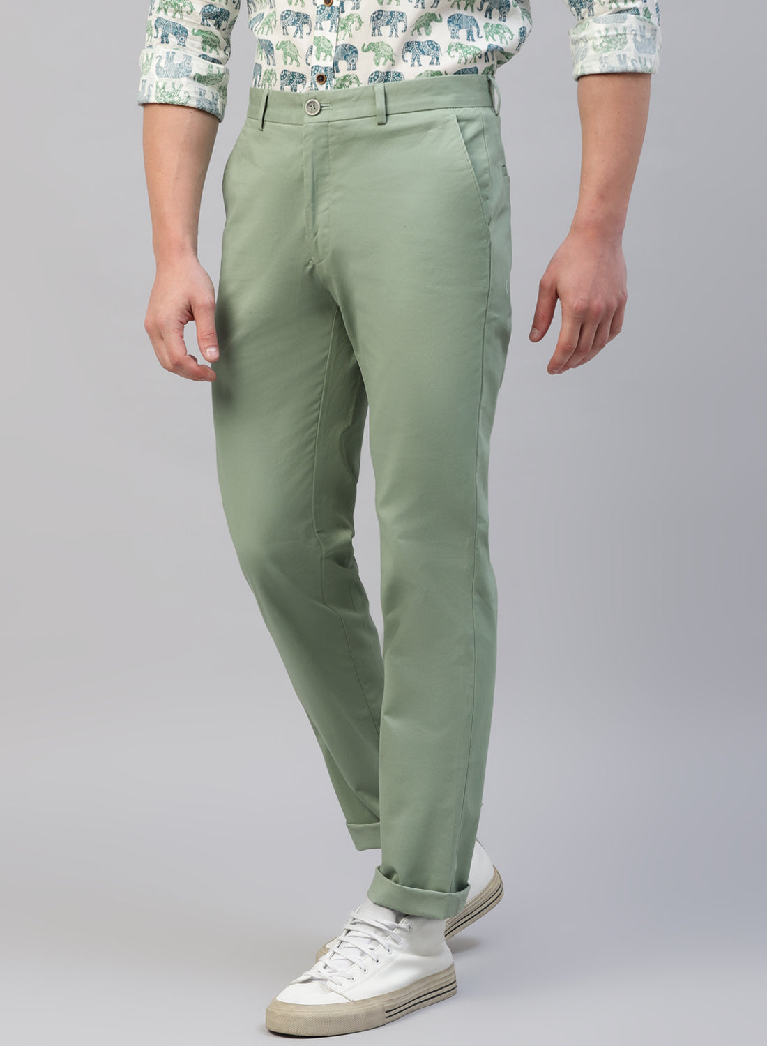 Light Green 100% Cotton Solid Casual Trouser